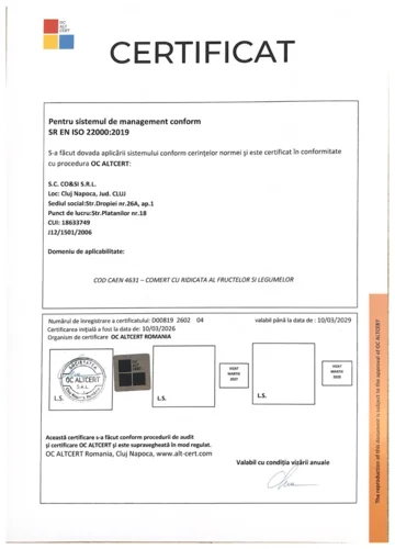 Certificat ISO 22000:2019 - Zilnic Fresh
